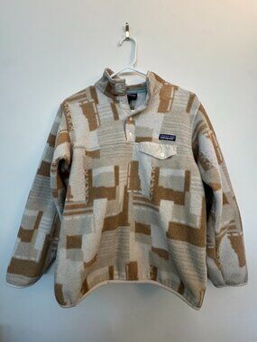 PATAGONIA Synchilla Snap T Fleece Pullover Women’s Med Tan, Oatmeal, Cream Block